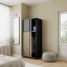 Urbn-Living Urbnliving 180Cm Height Black Carcass With 4 Sliding Oak Doors Wardrobe Bedroom Storage Closet Hanging Rail Cupboard Unit - thumbnail 2