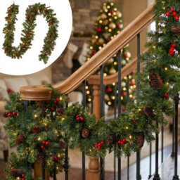 Amorly Classic 2.7M Pre Lit Christmas Garland, Artificial Crestwood Spruce Style With Warm White Led Lights, Faux Berries And Pinecones - thumbnail 1