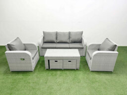 Fimous Pe Rattan Garden Furniture Set Reclining Chair Sofa Lounge Sofa Set Rectangular Coffee Table 2 Small Stools Light Grey - thumbnail 2