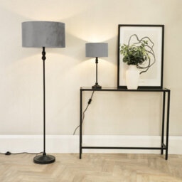 Valuelights Maggie Black Metal Candlestick Floor Lamp With Grey Velvet Lamp Shade - thumbnail 4