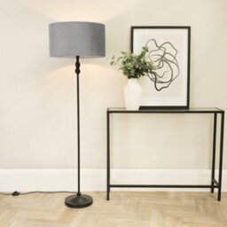 Valuelights Maggie Black Metal Candlestick Floor Lamp With Grey Velvet Lamp Shade