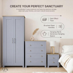 Afn Home Country Style 3 Piece Bedroom Set - Wardrobe Chest Bedside Grey On Oak (3 On - thumbnail 6