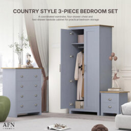 Afn Home Country Style 3 Piece Bedroom Set - Wardrobe Chest Bedside Grey On Oak (3 On - thumbnail 7