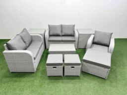 Fimous High Back Poly Rattan Garden Furniture Set Reclining Chair Loveseat Sofa Coffee Table Indoor Outdoor Set 3 Stools - thumbnail 1