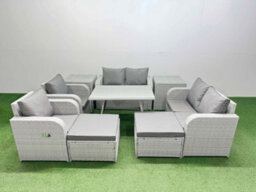 Fimous 8 Seater Rattan Garden Furniture Set Outdoor Love Sofa Set With Dining Table 2 Side Tables 2 Big Footstools Light Grey - thumbnail 1