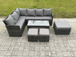 Fimous 9 Seater Outdoor Rattan Garden Furniture Set Corner Sofa Oblong Coffee Table Sets With Patio 3 Footstools - thumbnail 2