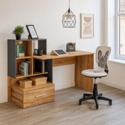 Grosso Home Office Desk With Drawer Bookcase Compact Workstation For Teen Or Small Spaces Wotan Oak Anthracite