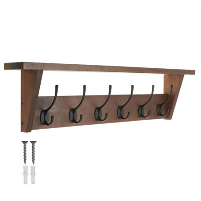 Keypak Victorian Oak Coat Rack Shelf Combo 6 Hooks 80Cm - Rustic Wall Mounted Coat Rack For Hallway, Bedroom, Kitchen, Bathroom - image 1