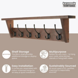 Keypak Victorian Oak Coat Rack Shelf Combo 6 Hooks 80Cm - Rustic Wall Mounted Coat Rack For Hallway, Bedroom, Kitchen, Bathroom - thumbnail 2