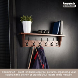 Keypak Victorian Oak Coat Rack Shelf Combo 6 Hooks 80Cm - Rustic Wall Mounted Coat Rack For Hallway, Bedroom, Kitchen, Bathroom - thumbnail 6