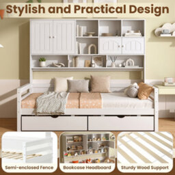 Btm 3Ft Single Bed Frame, 2 Storage Drawers And Bookcase Headboard, Wooden Bed With Guardrail, Space Saving, White - thumbnail 5