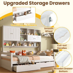 Btm 3Ft Single Bed Frame, 2 Storage Drawers And Bookcase Headboard, Wooden Bed With Guardrail, Space Saving, White - thumbnail 6