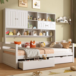 Btm 3Ft Single Bed Frame, 2 Storage Drawers And Bookcase Headboard, Wooden Bed With Guardrail, Space Saving, White - thumbnail 1