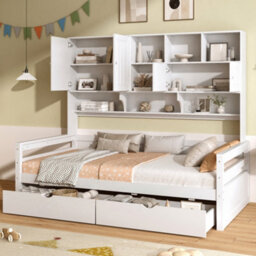 Btm 3Ft Single Bed Frame, 2 Storage Drawers And Bookcase Headboard, Wooden Bed With Guardrail, Space Saving, White - thumbnail 2