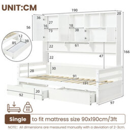 Btm 3Ft Single Bed Frame, 2 Storage Drawers And Bookcase Headboard, Wooden Bed With Guardrail, Space Saving, White - thumbnail 7