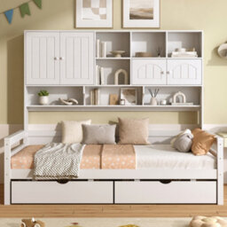 Btm 3Ft Single Bed Frame, 2 Storage Drawers And Bookcase Headboard, Wooden Bed With Guardrail, Space Saving, White - thumbnail 3