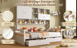 Btm 3Ft Single Bed Frame, 2 Storage Drawers And Bookcase Headboard, Wooden Bed With Guardrail, Space Saving, White - thumbnail 9