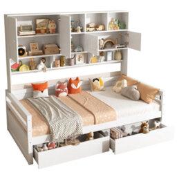 Btm 3Ft Single Bed Frame, 2 Storage Drawers And Bookcase Headboard, Wooden Bed With Guardrail, Space Saving, White - thumbnail 8