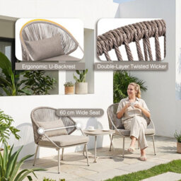 Avestar 3-Piece Patio Bistro Set With Zippered Cushions, Wood-Grain Tabletop, Handwoven Twisted Pe Rattan Chairs - thumbnail 5