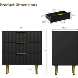 Black Modern Bedside Cabinet 3 Drawer Chest Table Nightstand Bedroom Storage Unit - thumbnail 2