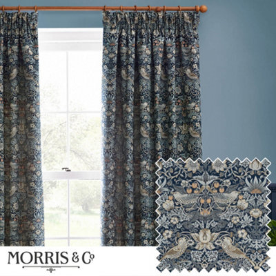 Morris & Co Strawberry Thief Jacquard Jacquard Floral Room Darkening Pencil Pleat Curtain Pair Indigo (W)229Cm X (D)183Cm - image 1
