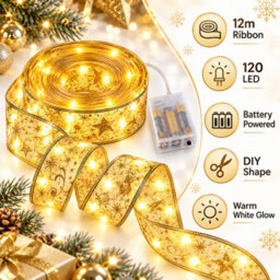 Shopnbits 12M 120 Led Christmas Ribbon Fairy Lights Gold, Battery Powered, Ipx4, Warm White - thumbnail 4