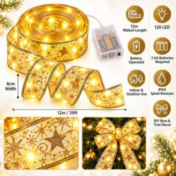 Shopnbits 12M 120 Led Christmas Ribbon Fairy Lights Gold, Battery Powered, Ipx4, Warm White - thumbnail 3