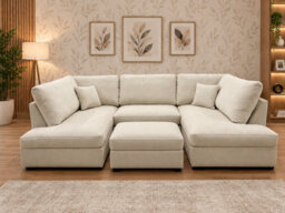 Cinema U Shaped Corner Sofa Modular 5 Seater With High Back Cushions & Footstool - Cream - thumbnail 1