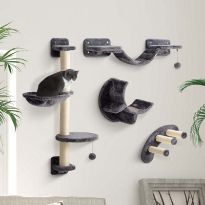 Pawhut 4 Piece Cat Wall Furniture Hammock Ladder Steps Plush Sisal Dark Grey - image 1