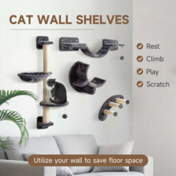 Pawhut 4 Piece Cat Wall Furniture Hammock Ladder Steps Plush Sisal Dark Grey - thumbnail 4