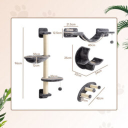 Pawhut 4 Piece Cat Wall Furniture Hammock Ladder Steps Plush Sisal Dark Grey - thumbnail 3