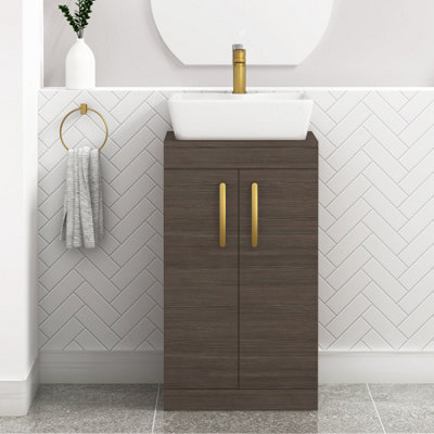 Royal Bathrooms 500mm Floor Standing Vanity Unit 2 Door Grey Elm & Countertop Basin - Cube With Brushed Brass Handle - image 1