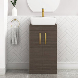 Royal Bathrooms 500mm Floor Standing Vanity Unit 2 Door Grey Elm & Countertop Basin - Cube With Brushed Brass Handle - thumbnail 1