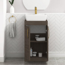 Royal Bathrooms 500mm Floor Standing Vanity Unit 2 Door Grey Elm & Countertop Basin - Cube With Brushed Brass Handle - thumbnail 3