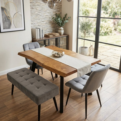 Doubs Dining Table Set  120Cm Natural Wood Dining Set With 2 Grey Velvet Chairs And 2 Benches - image 1