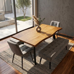 Doubs Dining Table Set  120Cm Natural Wood Dining Set With 2 Grey Velvet Chairs And 2 Benches - thumbnail 3