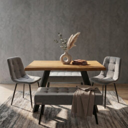 Doubs Dining Table Set  120Cm Natural Wood Dining Set With 2 Grey Velvet Chairs And 2 Benches - thumbnail 2