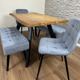 Doubs Dining Table Set  120Cm Natural Wood Dining Set With 2 Grey Velvet Chairs And 2 Benches - thumbnail 4