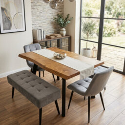 Doubs Dining Table Set  120Cm Natural Wood Dining Set With 2 Grey Velvet Chairs And 2 Benches - thumbnail 1