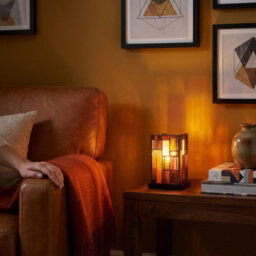Happy Homewares Designer Art Denergy Savingtiffany Glass Table Lamp In Orange And Dusty Red - thumbnail 6