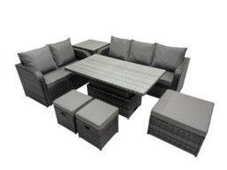 Fimous Rattan Garden Furniture Set 8-Seater Patio Height Adjustable Rising Lifting Table Sofa Set With 3 Footstools Side Table - thumbnail 2