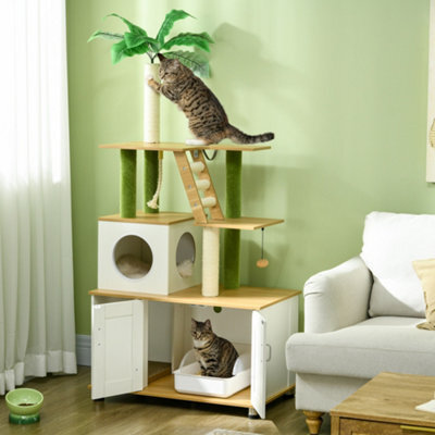 Pawhut 2-In-1 Hidden Litter Box With Green Leaf Cat Tree, Indoor - Oak - image 1