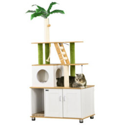 Pawhut 2-In-1 Hidden Litter Box With Green Leaf Cat Tree, Indoor - Oak - thumbnail 2