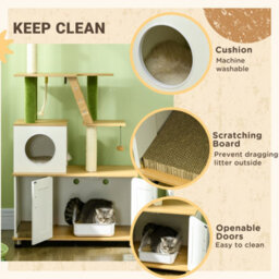 Pawhut 2-In-1 Hidden Litter Box With Green Leaf Cat Tree, Indoor - Oak - thumbnail 6
