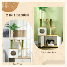 Pawhut 2-In-1 Hidden Litter Box With Green Leaf Cat Tree, Indoor - Oak - thumbnail 4