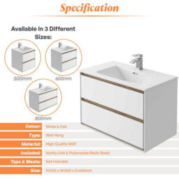 Plum&clay Norton White & Oak Wall Hung Vanity Unit & Basin Set Bathroom Furniture (W)800mm (H)530mm - thumbnail 4