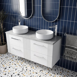 Balterley Belvide Partial Fluted 4 Drawer Wall Hung Vanity Unit With Bellato Grey Laminate Worktop - 1200mm - Satin White - thumbnail 3