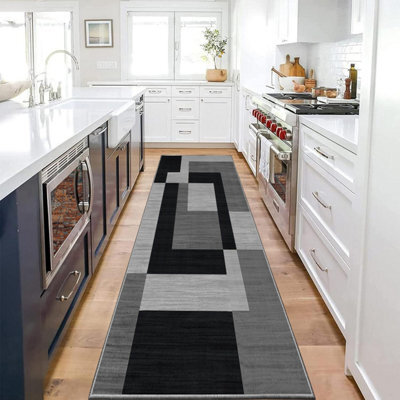 Oxford Homeware Printed Rug, Non-Slip Pet Friendly, Living Room Rugs And Hallways Runner, (Milo Black And Grey, 60X220Cm)