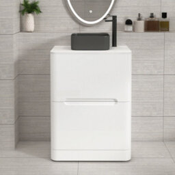 Royal Bathrooms Venice 600mm Gloss White Freestanding Bathroom Countertop Vanity Unit 2 Drawer With Art Square Basin - thumbnail 1
