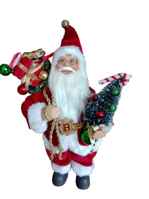 Garden Market Place 30Cms Tall Father Christmas Figure With A Sack Of Presents And A Christmas Tree - Traditional Santa Style - image 1